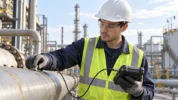 oung NDT technician using ultrasonic testing equipment to inspect piping at an industrial site.