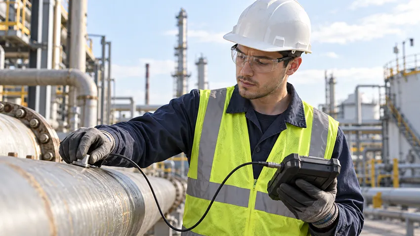 oung NDT technician using ultrasonic testing equipment to inspect piping at an industrial site.