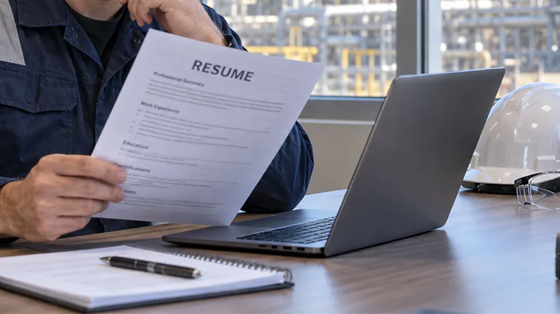 Inspection technician reviewing a resume at a desk with safety gear and refinery piping visible through the window.
